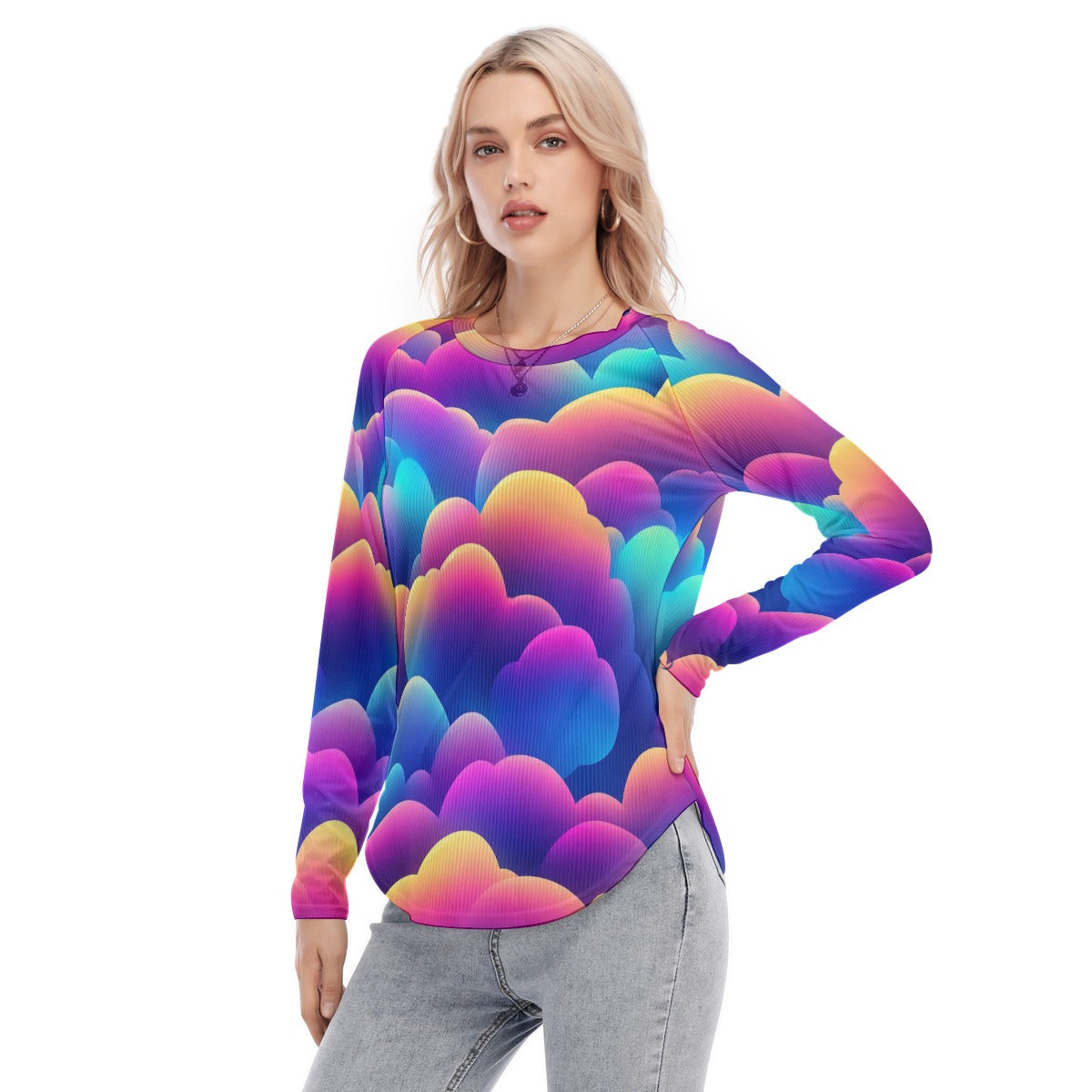 Women's Raglan Sleeves U-Shaped Hem Long Sleeves Blouse