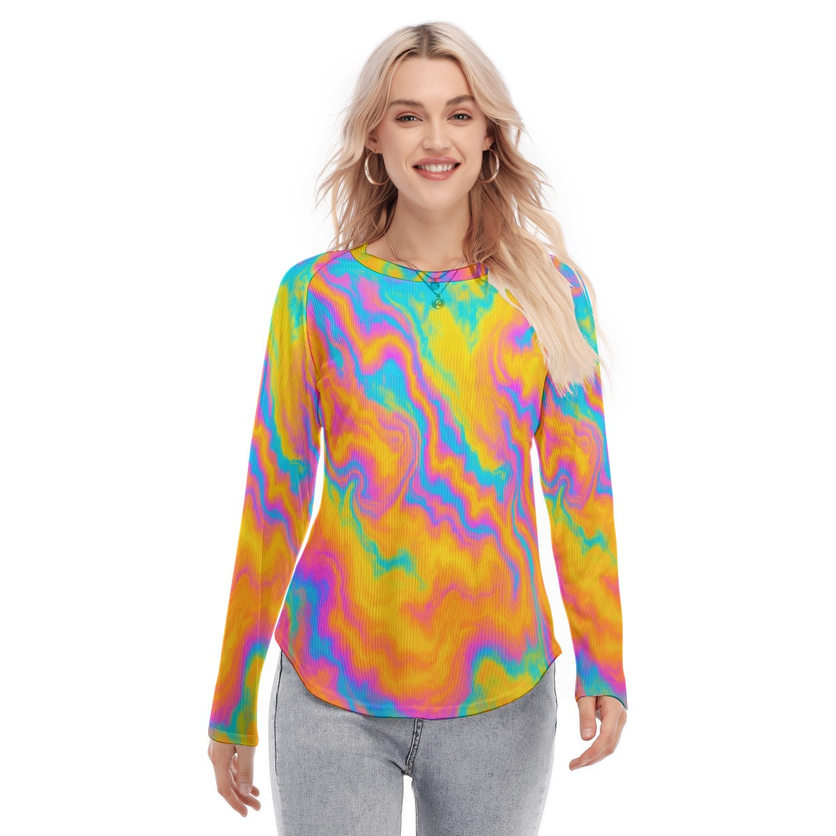 Women's Raglan Sleeves U-Shaped Hem Long Sleeves Blouse