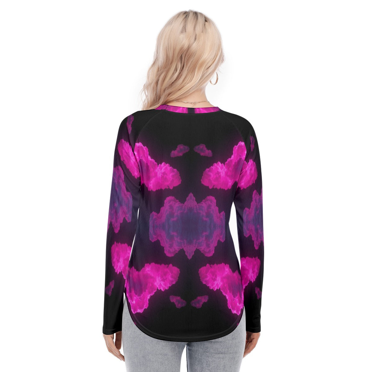 Women's Raglan Sleeves U-Shaped Hem Long Sleeves Blouse