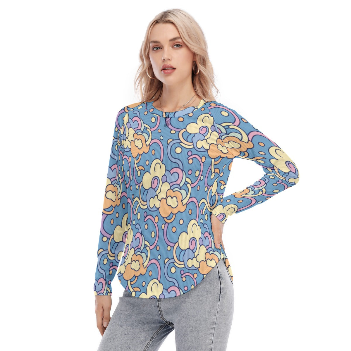 Women's Raglan Sleeves U-Shaped Hem Long Sleeves Blouse