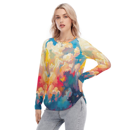 Women's Raglan Sleeves U-Shaped Hem Long Sleeves Blouse