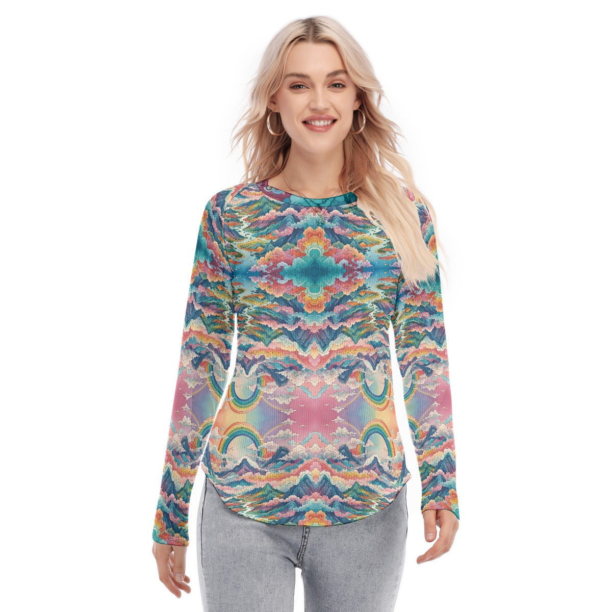 Women's Raglan Sleeves U-Shaped Hem Long Sleeves Blouse