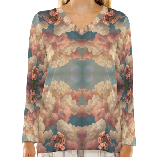 Women's Loose V-Neck T-Shirt With Long Sleeve