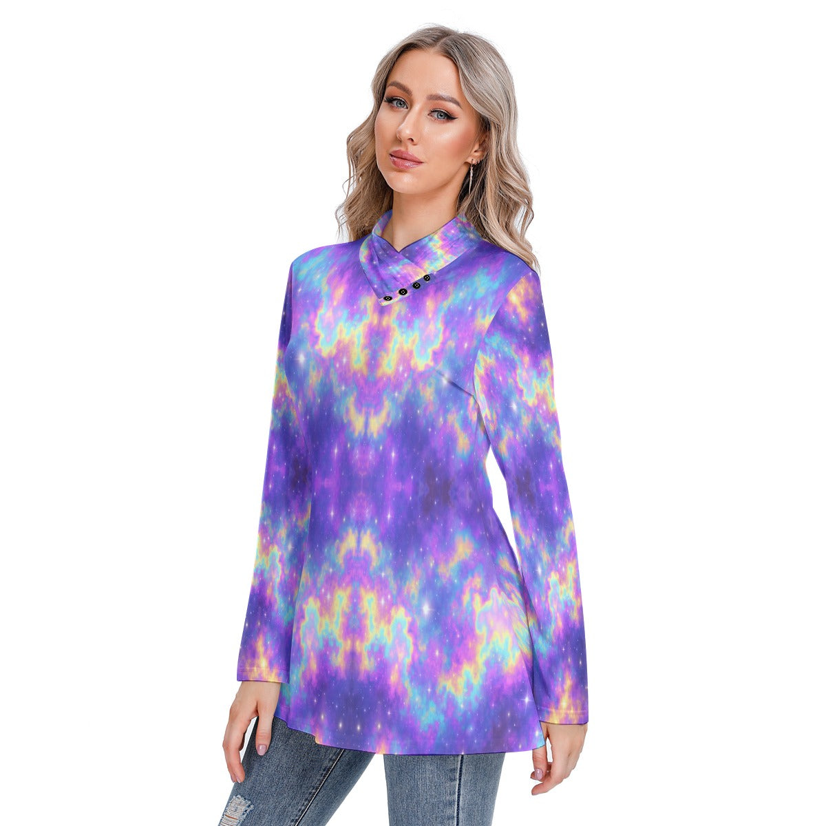 Women's Long-sleeved Heap-neck Slim Casual Tunic Blouse