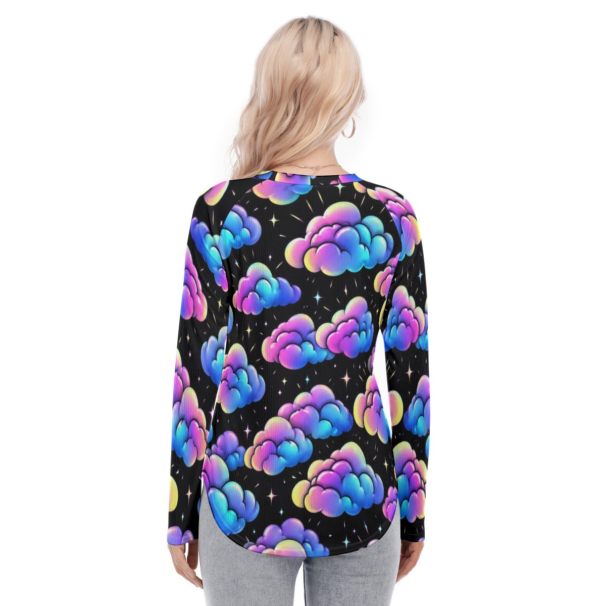 Women's Raglan Sleeves U-Shaped Hem Long Sleeves Blouse