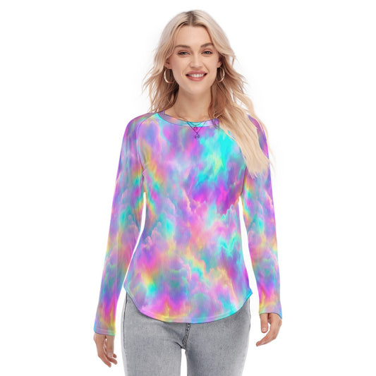 Women's Raglan Sleeves U-Shaped Hem Long Sleeves Blouse