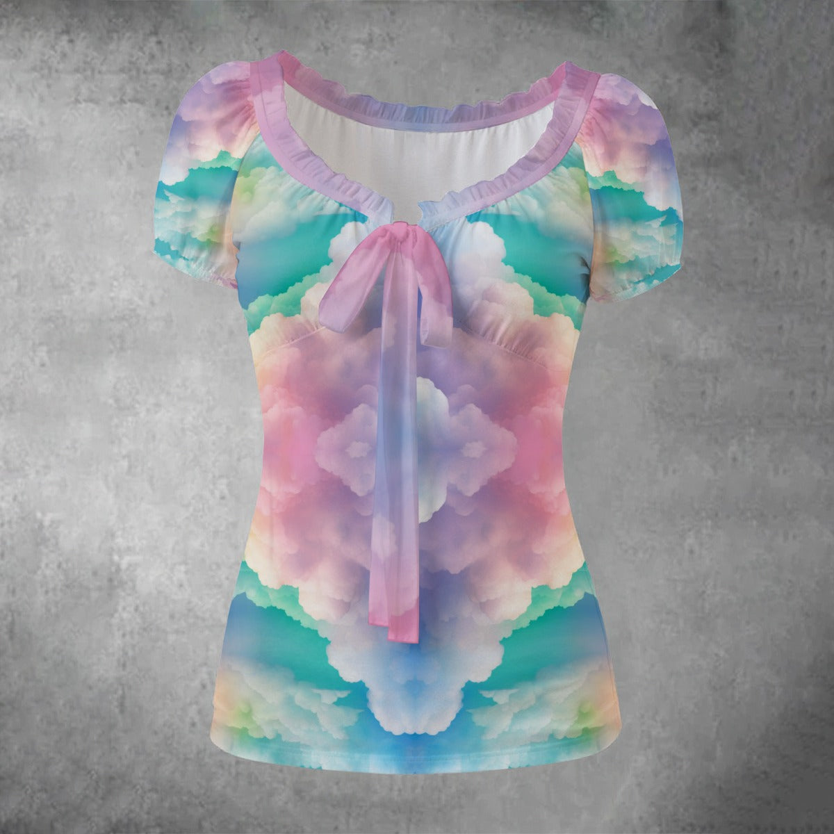 All-over print Women's Puff Sleeve Pleated Shirt