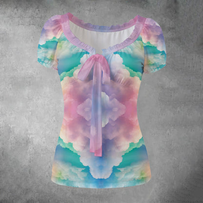 All-over print Women's Puff Sleeve Pleated Shirt