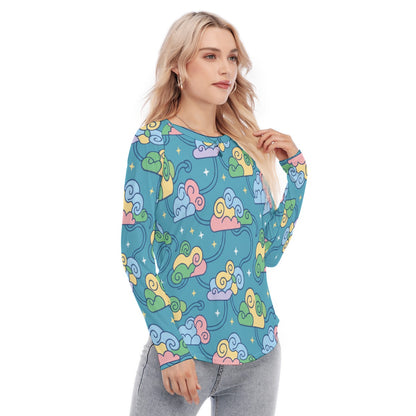 Women's Raglan Sleeves U-Shaped Hem Long Sleeves Blouse