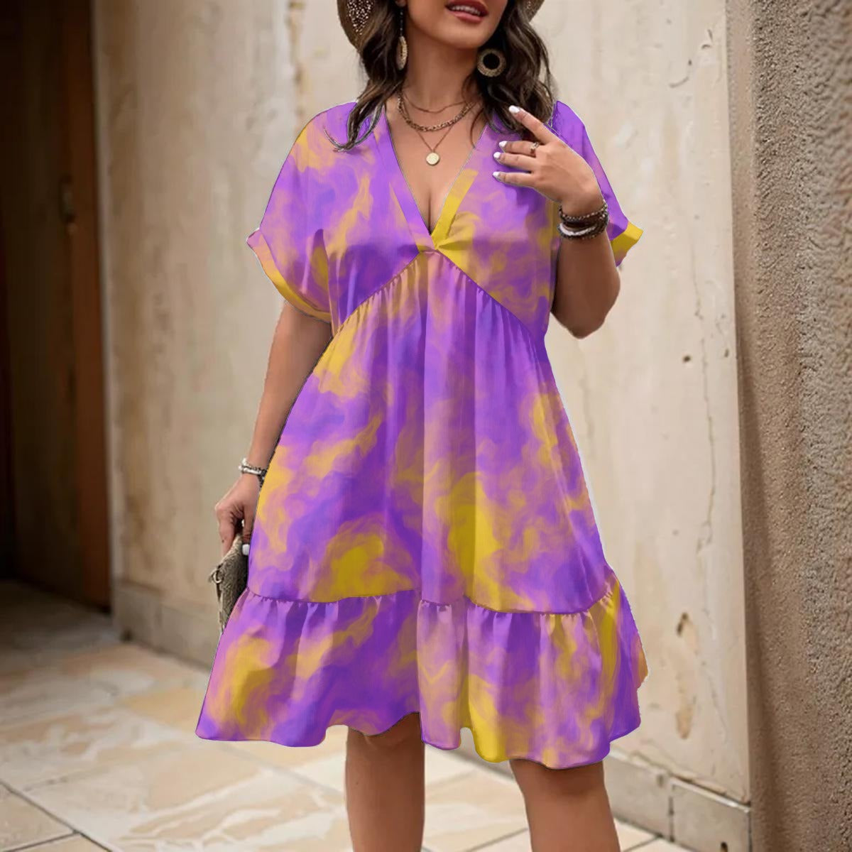 Unisex Women’s Floral V-Neck Short Sleeve Dress