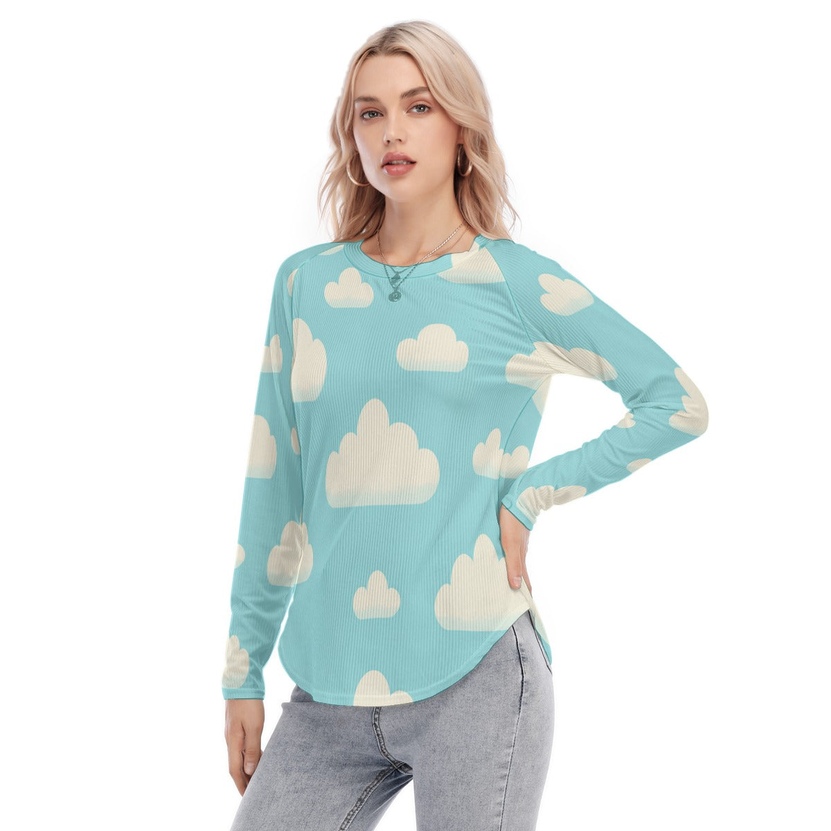 Women's Raglan Sleeves U-Shaped Hem Long Sleeves Blouse