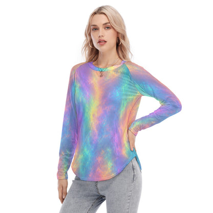 Women's Raglan Sleeves U-Shaped Hem Long Sleeves Blouse