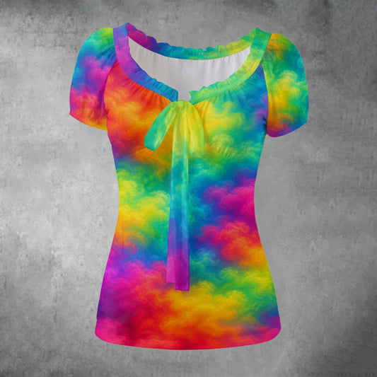 All-over print Women's Puff Sleeve Pleated Shirt
