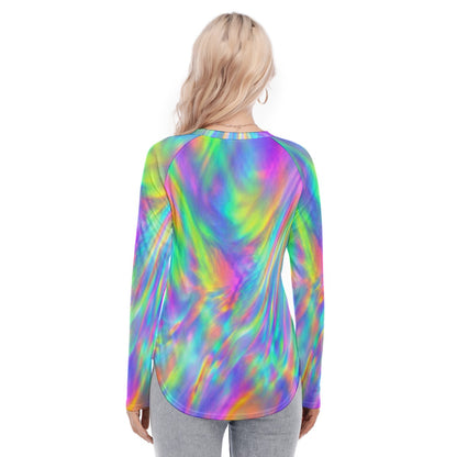 Women's Raglan Sleeves U-Shaped Hem Long Sleeves Blouse