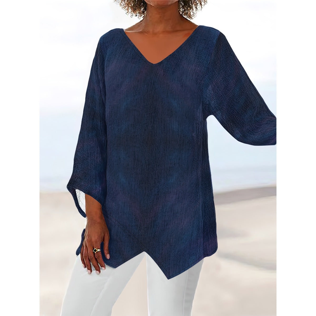 Women's V-neck T-shirt With Irregular Hem