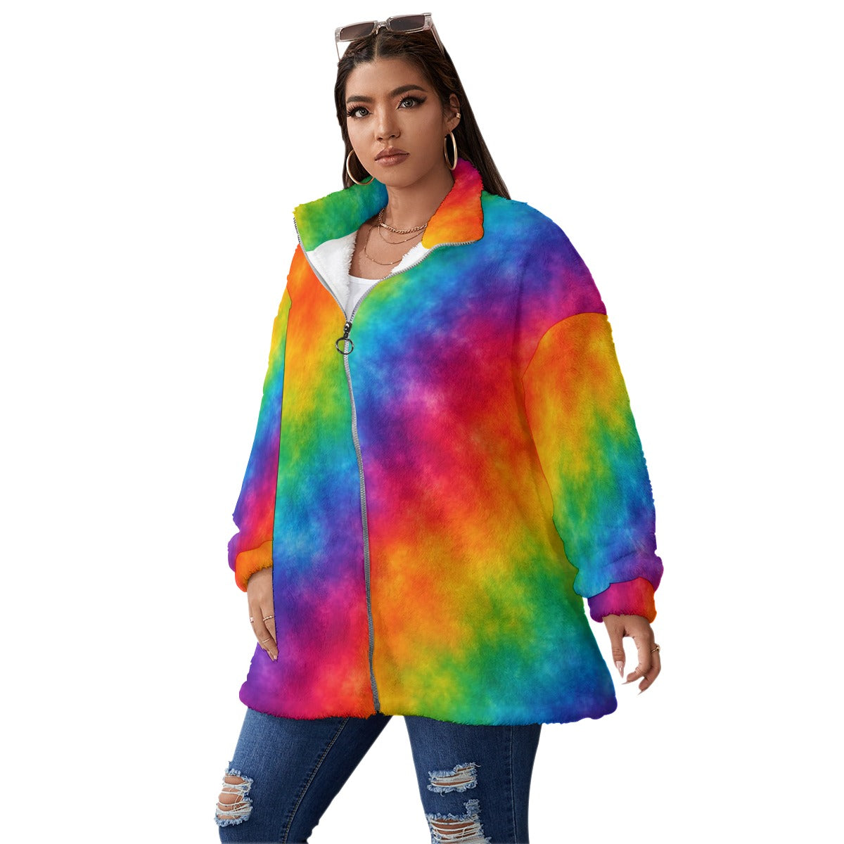 Unisex Borg-Fleece Stand-Up Collar Zip Coat — Plus Size - view 2
