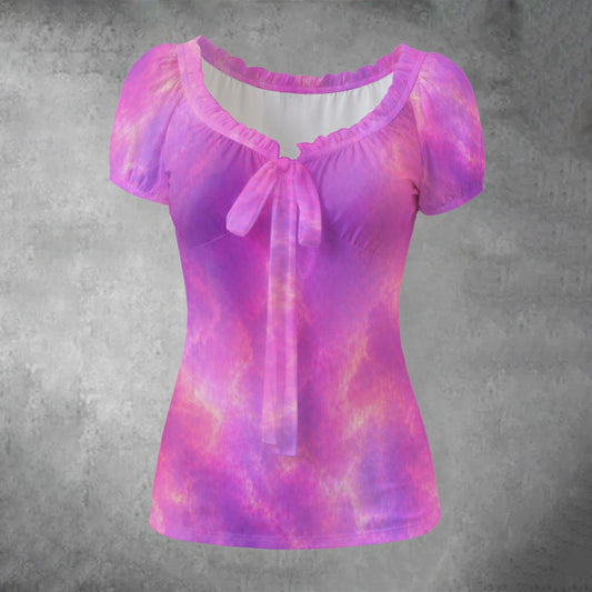 All-over print Women's Puff Sleeve Pleated Shirt