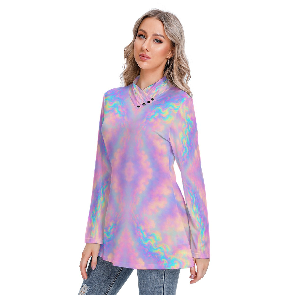 Women's Long-sleeved Heap-neck Slim Casual Tunic Blouse