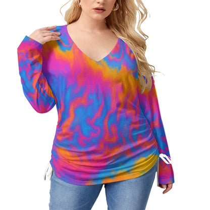 Unisex Women’s V-neck T-shirt With Side Drawstring(Plus Size)