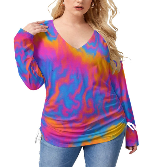 Unisex Women’s V-neck T-shirt With Side Drawstring(Plus Size)