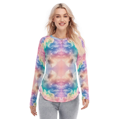 Women's Raglan Sleeves U-Shaped Hem Long Sleeves Blouse