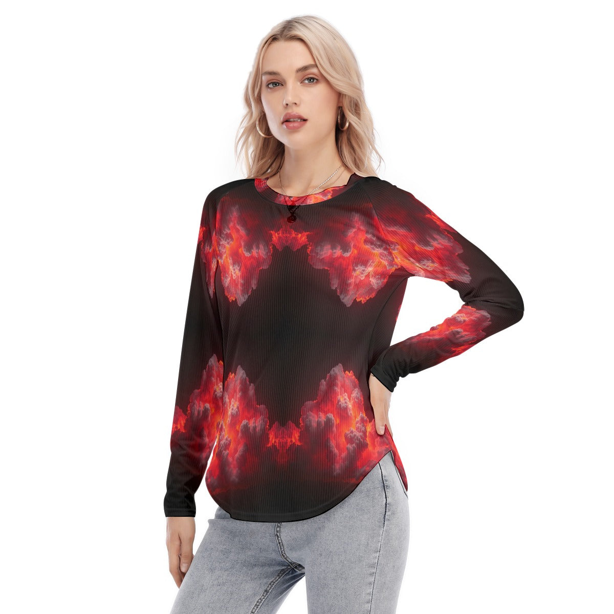 Women's Raglan Sleeves U-Shaped Hem Long Sleeves Blouse