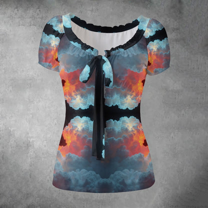All-over print Women's Puff Sleeve Pleated Shirt