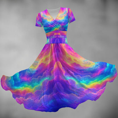 All-over Print Women's Short Sleeve V Neck Midi Dress