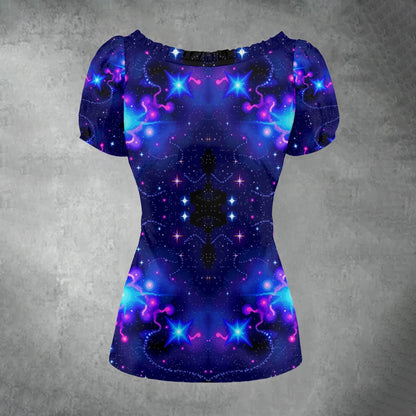 All-over print Women's Puff Sleeve Pleated Shirt