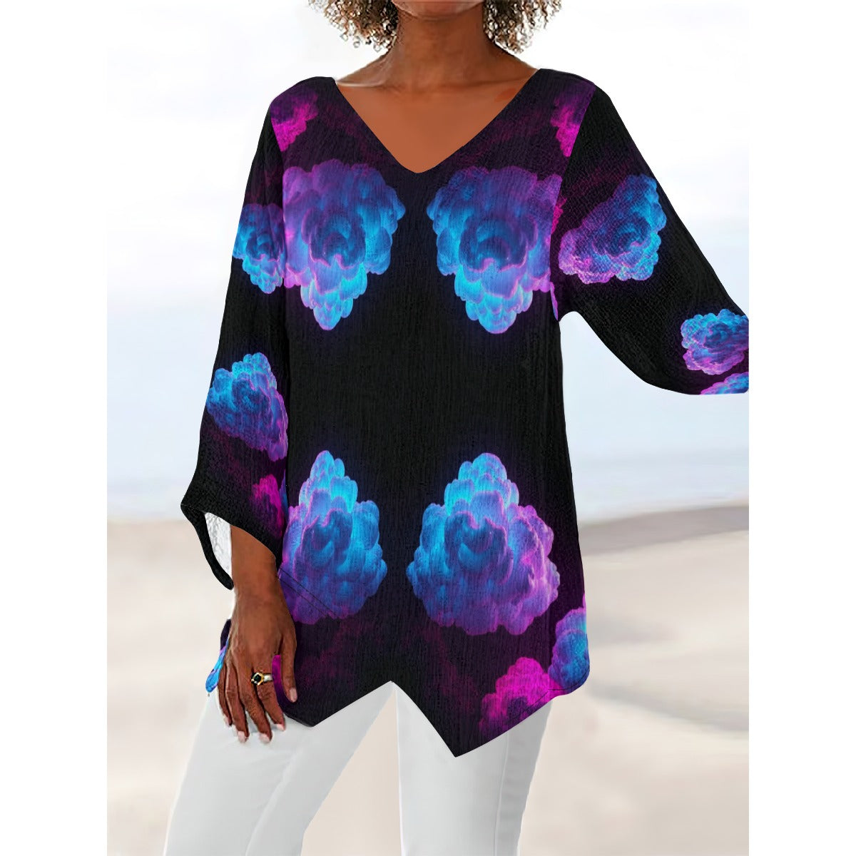 Women's V-neck T-shirt With Irregular Hem