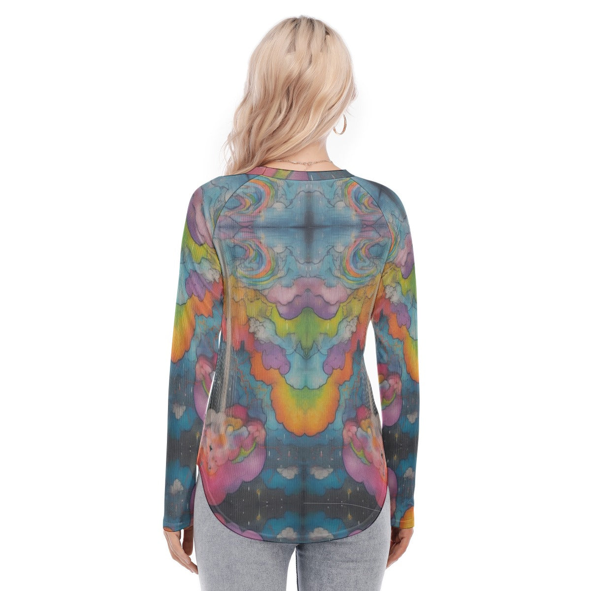 Women's Raglan Sleeves U-Shaped Hem Long Sleeves Blouse
