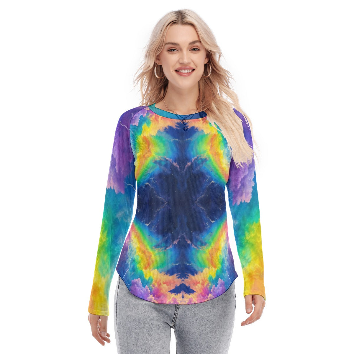 Women's Raglan Sleeves U-Shaped Hem Long Sleeves Blouse