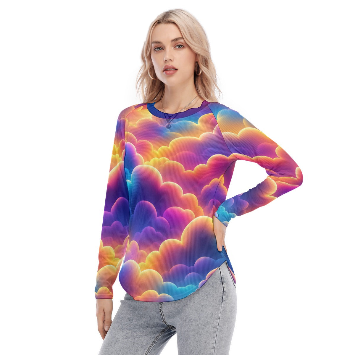 Women's Raglan Sleeves U-Shaped Hem Long Sleeves Blouse