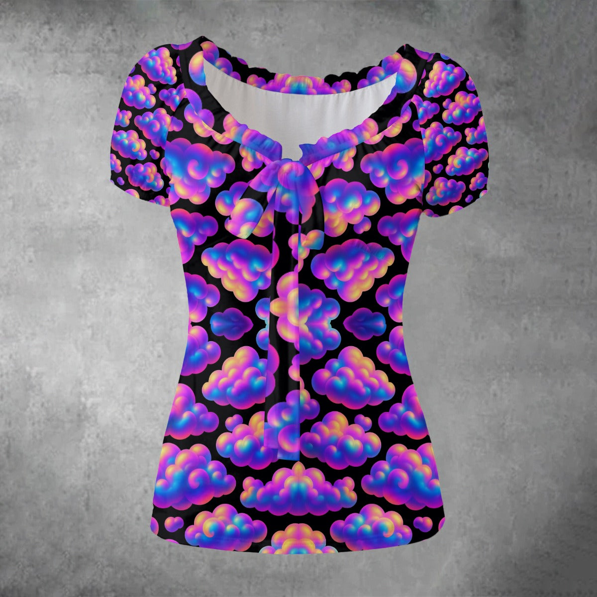 All-over print Women's Puff Sleeve Pleated Shirt