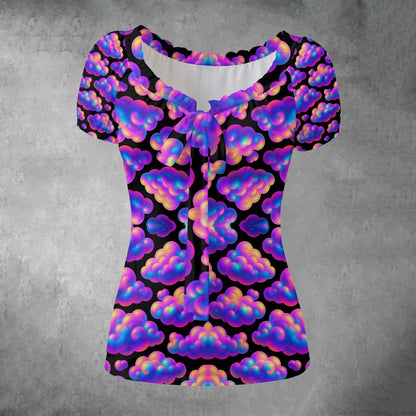 All-over print Women's Puff Sleeve Pleated Shirt