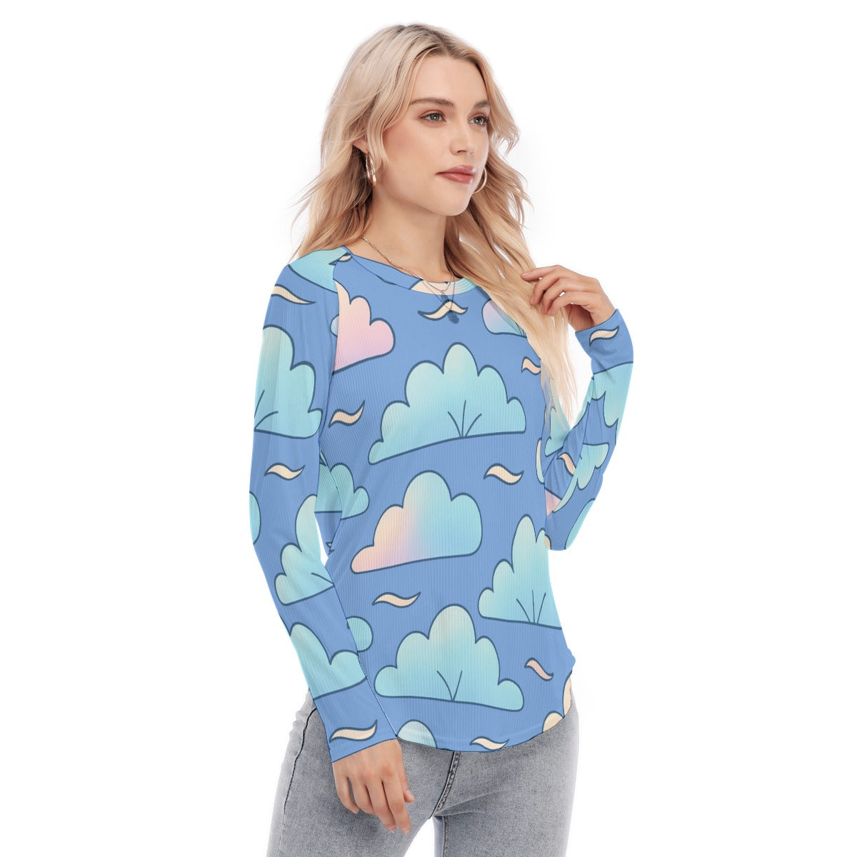 Women's Raglan Sleeves U-Shaped Hem Long Sleeves Blouse