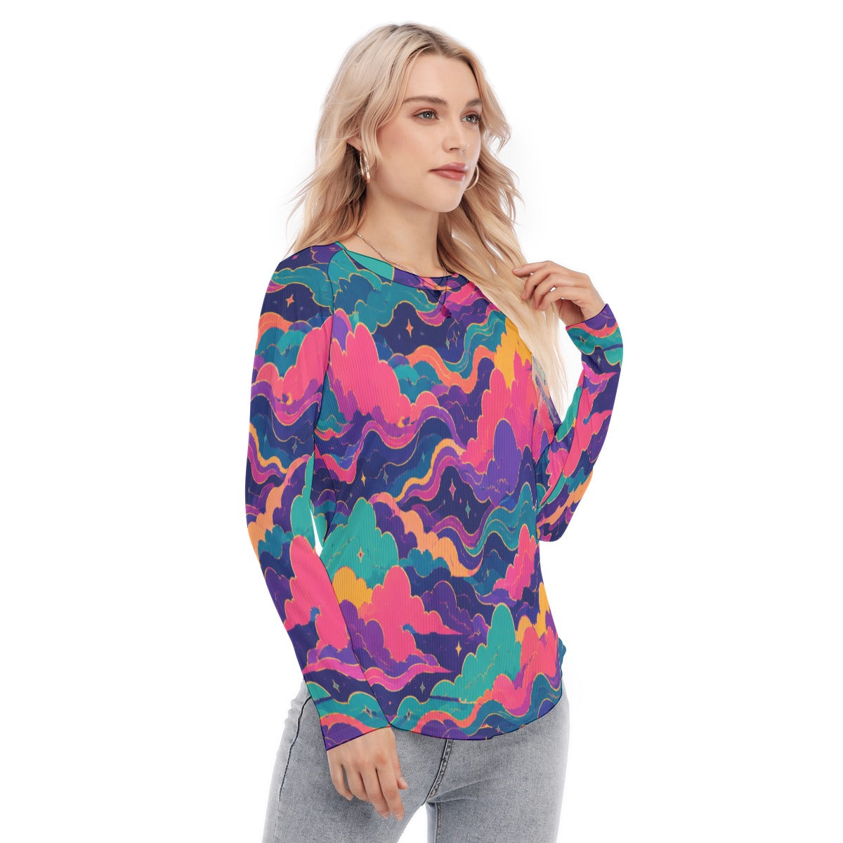 Women's Raglan Sleeves U-Shaped Hem Long Sleeves Blouse