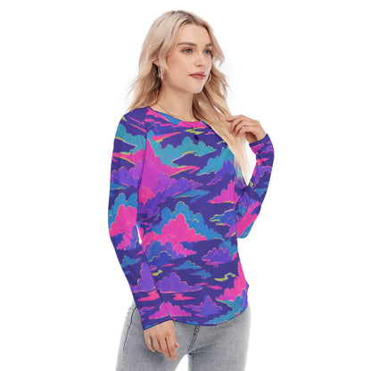 Women's Raglan Sleeves U-Shaped Hem Long Sleeves Blouse