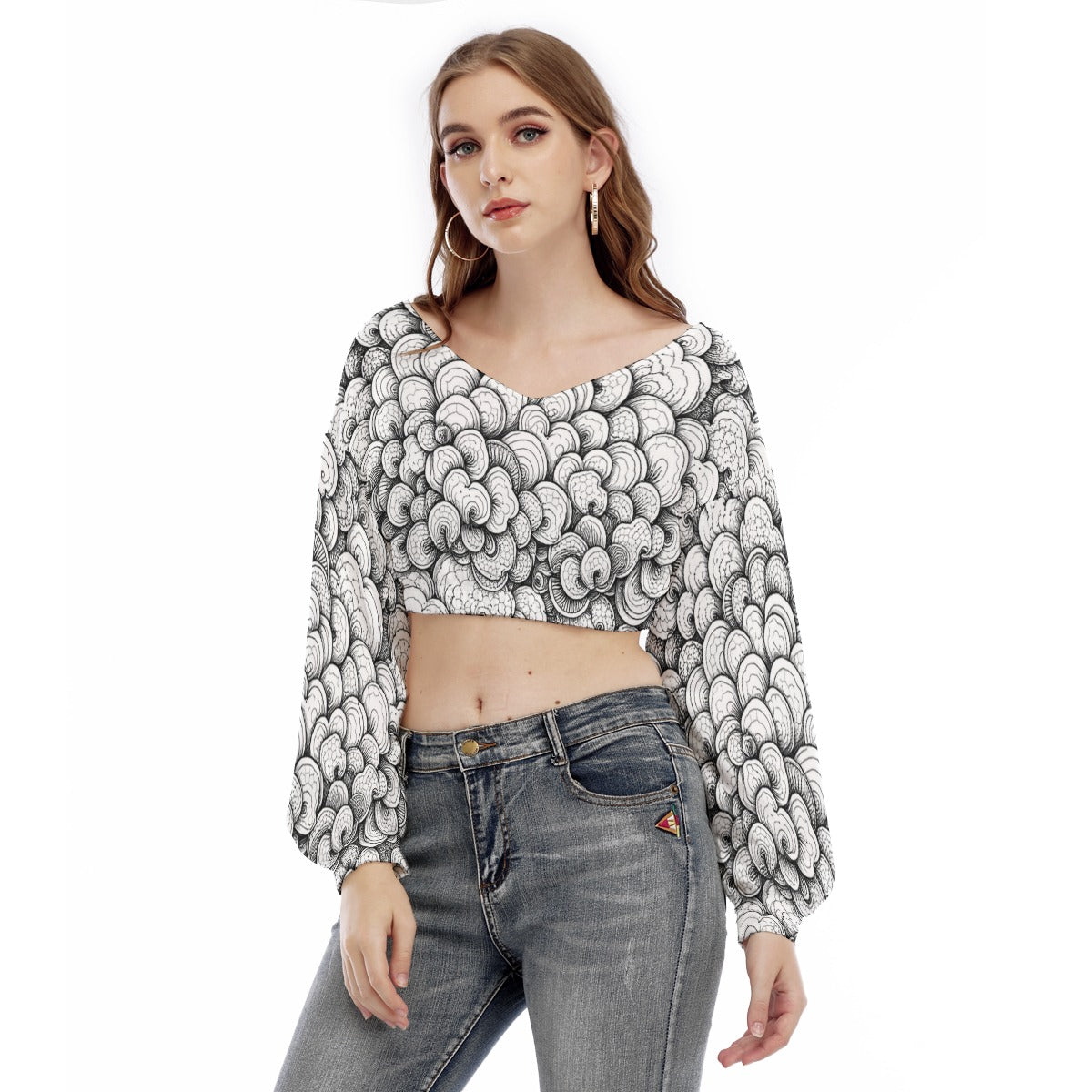 Women's V-neck Long Sleeve Cropped Sweatshirt