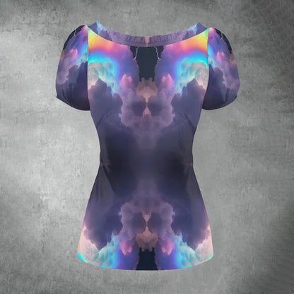 All-over print Women's Puff Sleeve Pleated Shirt