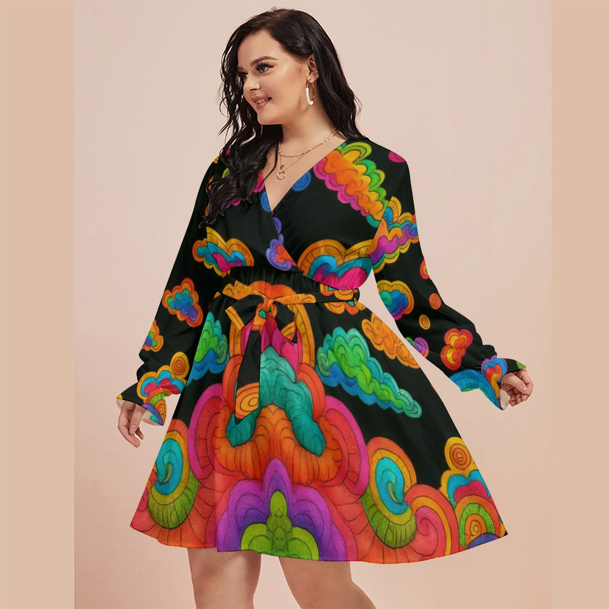 Women's V-neck Dress With Waistband(Plus Size)