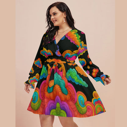 Women's V-neck Dress With Waistband(Plus Size)