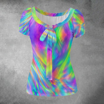 All-over print Women's Puff Sleeve Pleated Shirt