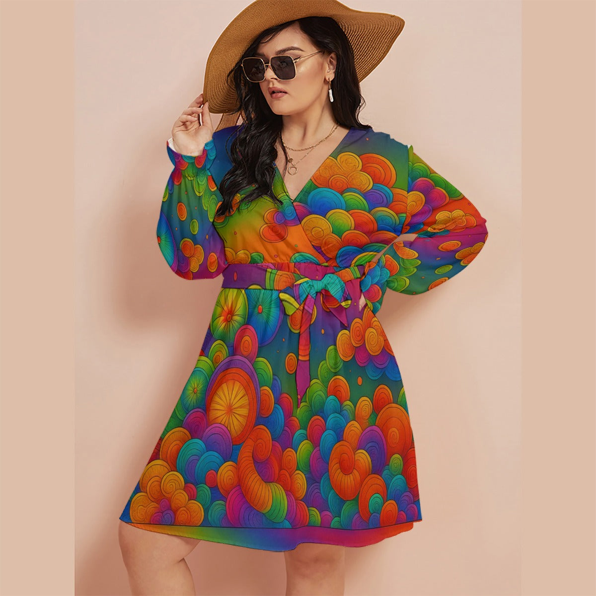 Women's V-neck Dress With Waistband(Plus Size)