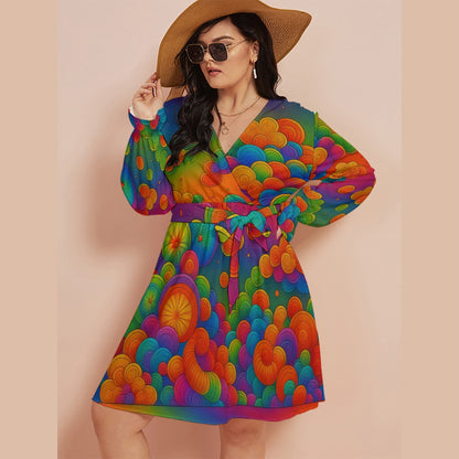 Women's V-neck Dress With Waistband(Plus Size)