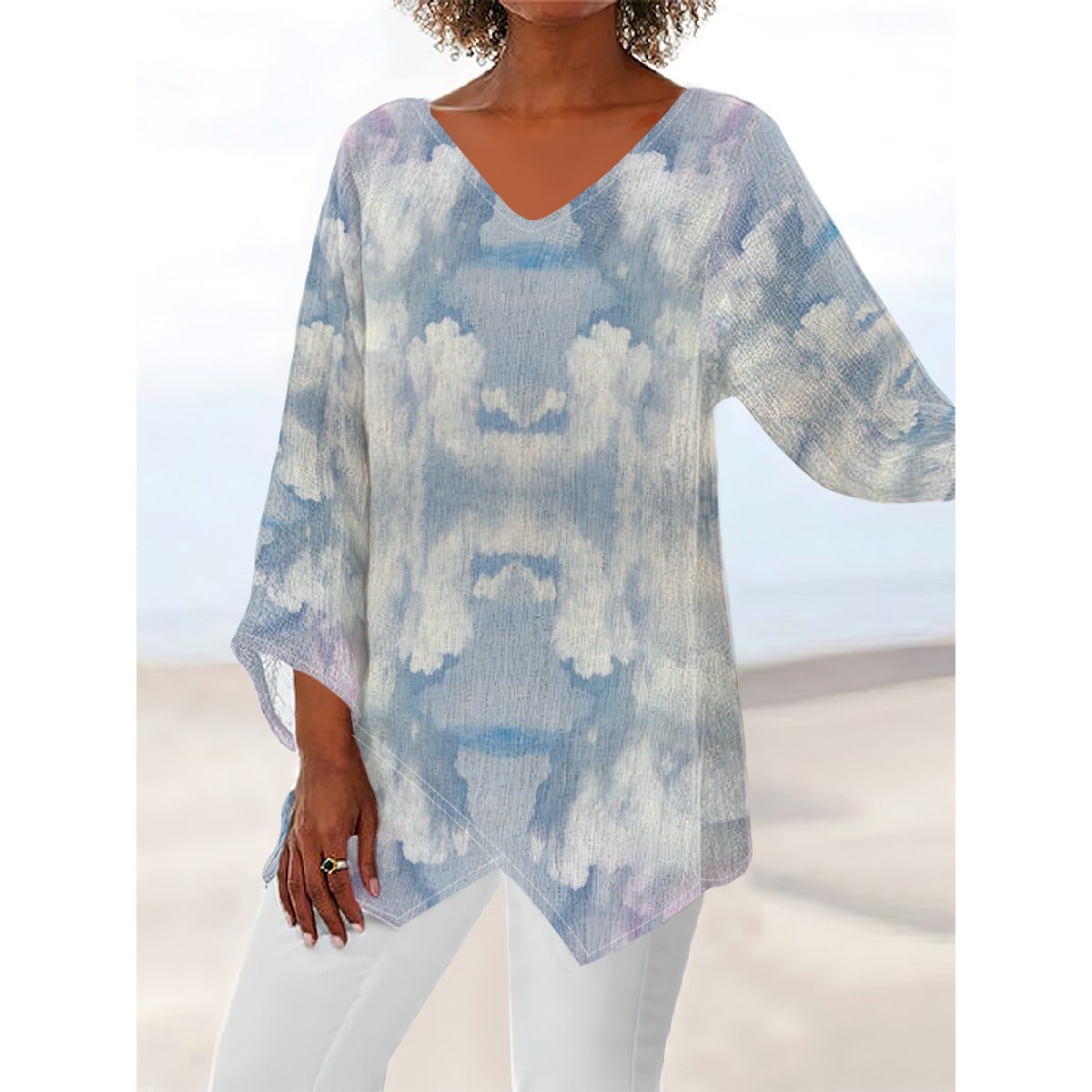 Women's V-neck T-shirt With Irregular Hem