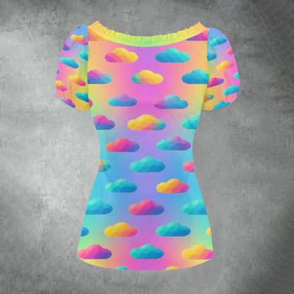 All-over print Women's Puff Sleeve Pleated Shirt