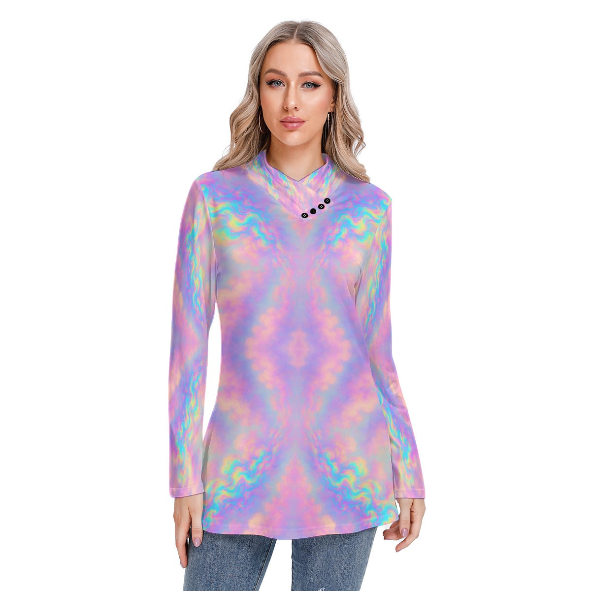 Women's Long-sleeved Heap-neck Slim Casual Tunic Blouse