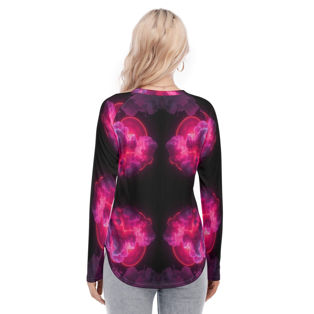 Women's Raglan Sleeves U-Shaped Hem Long Sleeves Blouse