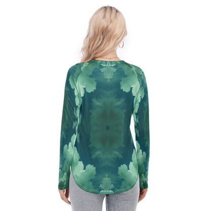 Women's Raglan Sleeves U-Shaped Hem Long Sleeves Blouse